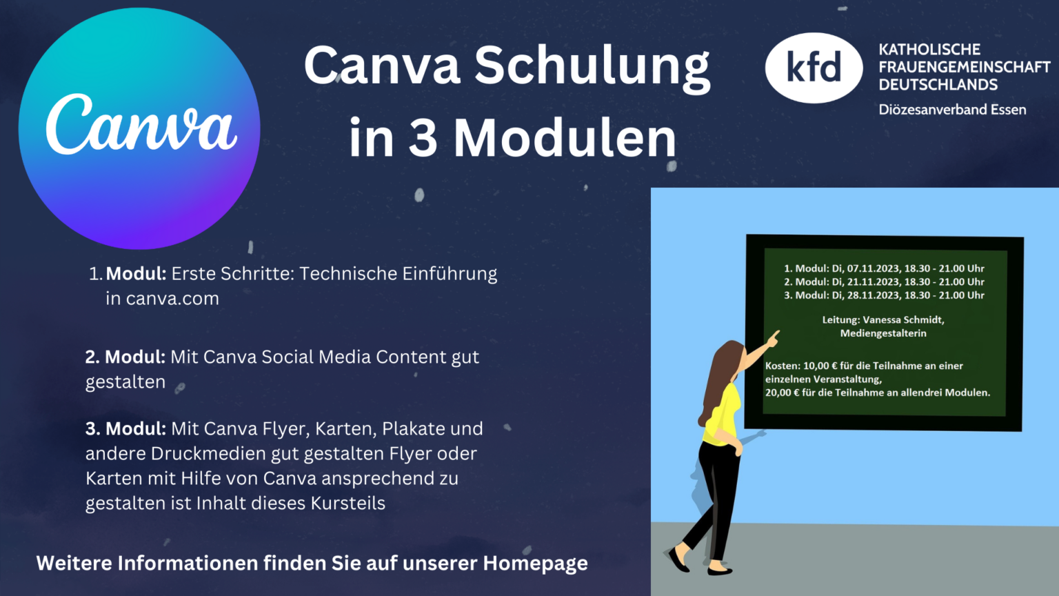 Canva Online-Schulung in 3 Modulen – Mit Canva Plakate, Karten und Druckmedien gestalten – kfd-essen