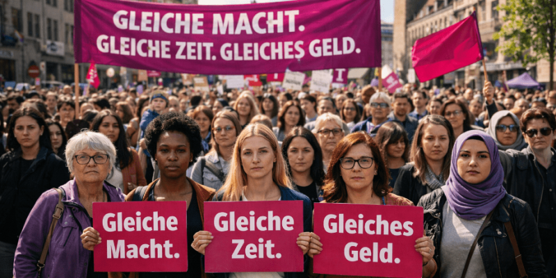 Gruppe von Frauen bei einer Demonstration für Gleichstellung mit Schildern „Gleiche Macht“, „Gleiche Zeit“ und „Gleiches Geld“. Im Hintergrund ein großes Banner mit denselben Forderungen.